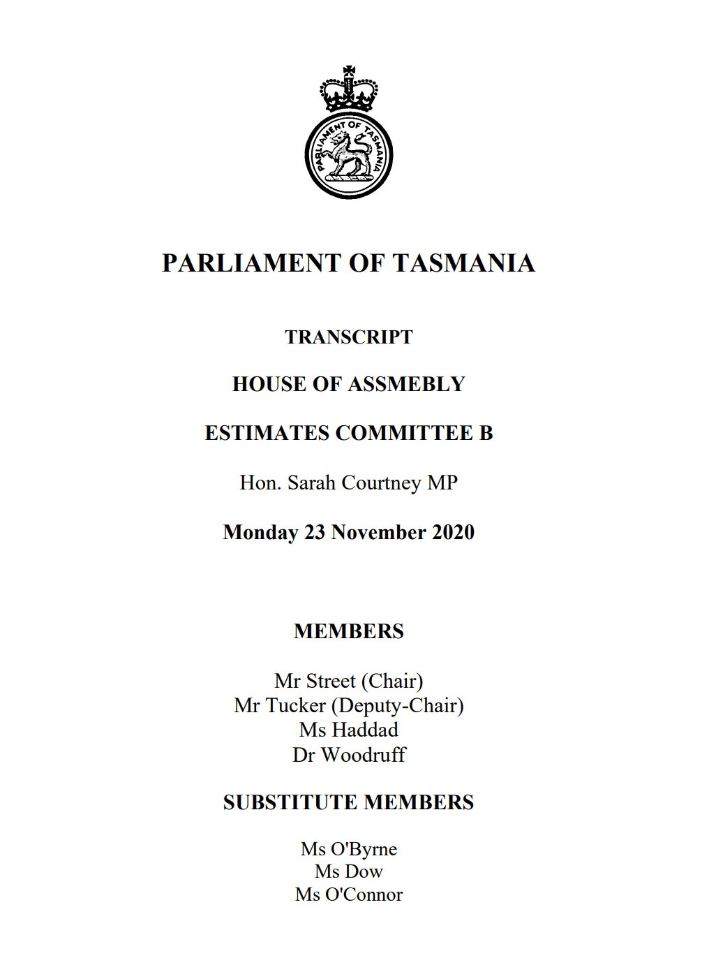 Parliament of Tasmania Transcript