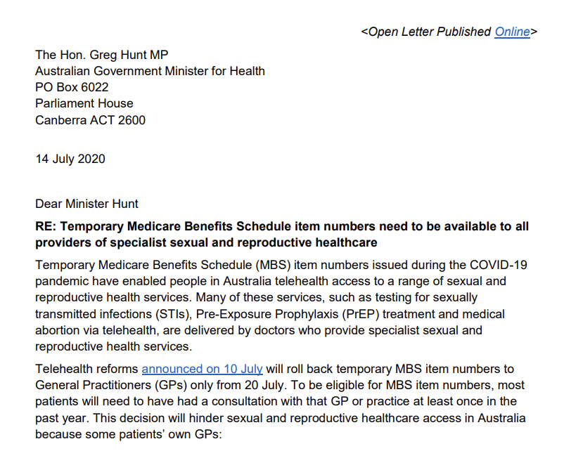 Open letter to the Health Minister regarding Telehealth MBS item numbers